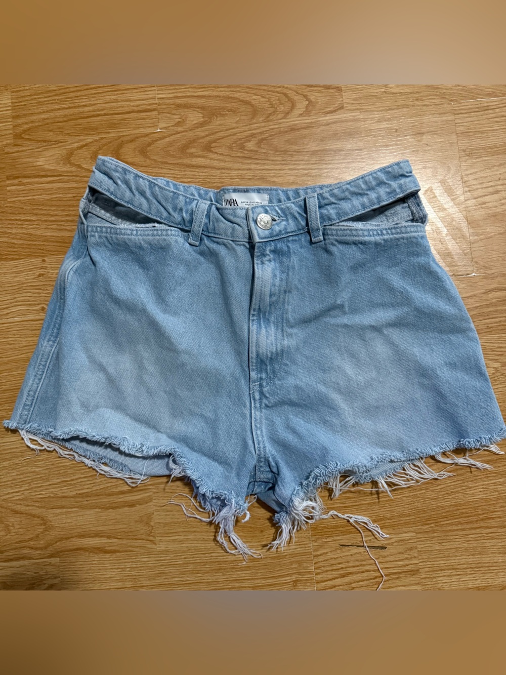 Zara Light Blue Frayed Denim Shorts with Side Cutouts